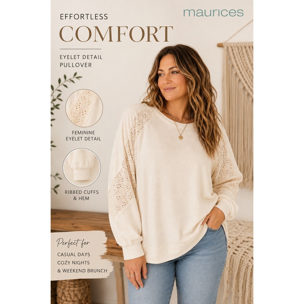 NEW Maurices Cream Eyelet Detail Sweatshirt Pullover Top Women Plus Size 4X